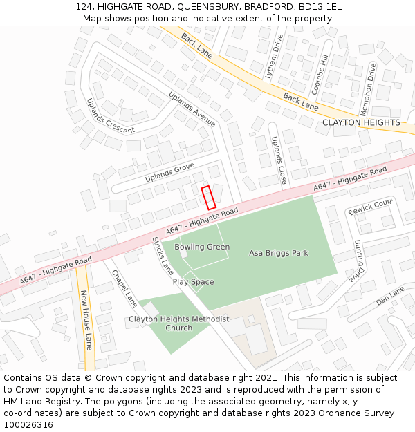 124, HIGHGATE ROAD, QUEENSBURY, BRADFORD, BD13 1EL: Location map and indicative extent of plot