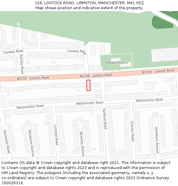 124, LOSTOCK ROAD, URMSTON, MANCHESTER, M41 0SZ: Location map and indicative extent of plot