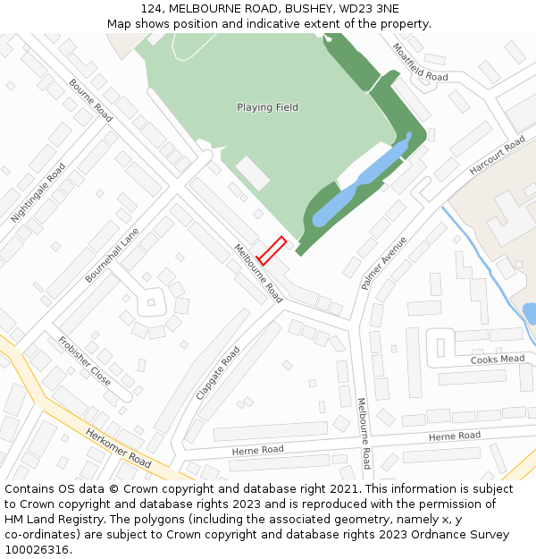 124, MELBOURNE ROAD, BUSHEY, WD23 3NE: Location map and indicative extent of plot