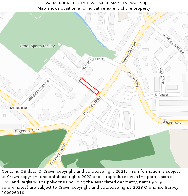 124, MERRIDALE ROAD, WOLVERHAMPTON, WV3 9RJ: Location map and indicative extent of plot
