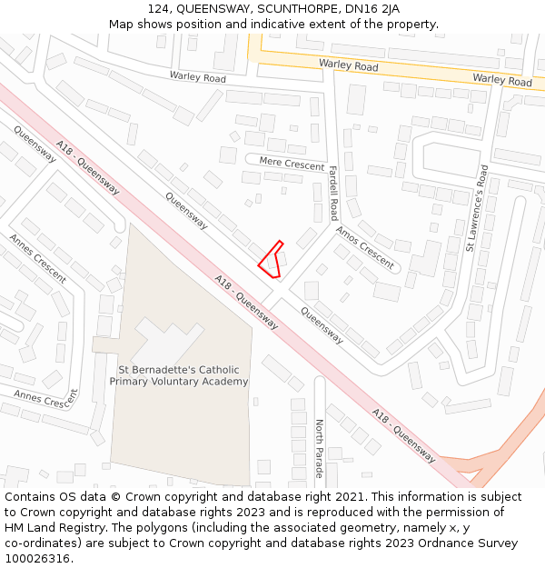 124, QUEENSWAY, SCUNTHORPE, DN16 2JA: Location map and indicative extent of plot