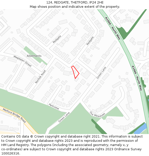 124, REDGATE, THETFORD, IP24 2HE: Location map and indicative extent of plot