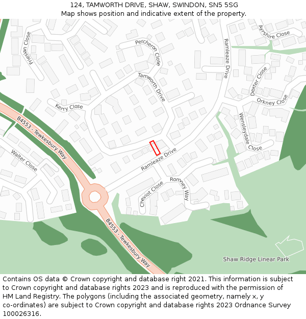 124, TAMWORTH DRIVE, SHAW, SWINDON, SN5 5SG: Location map and indicative extent of plot