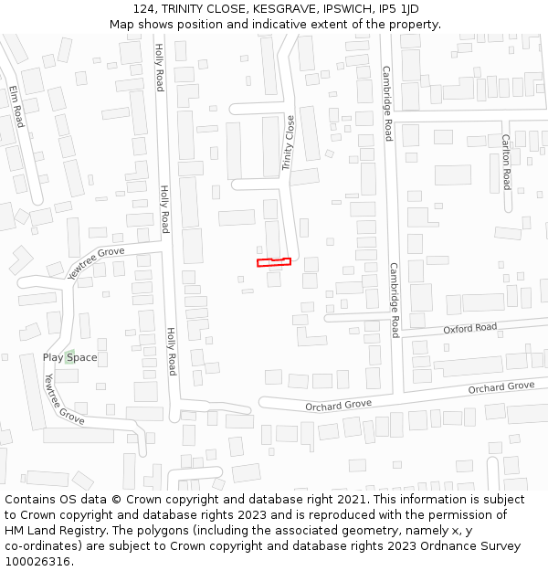 124, TRINITY CLOSE, KESGRAVE, IPSWICH, IP5 1JD: Location map and indicative extent of plot