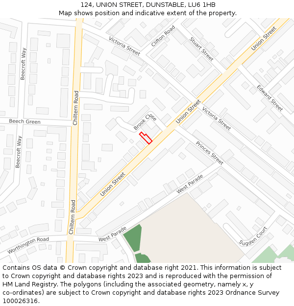 124, UNION STREET, DUNSTABLE, LU6 1HB: Location map and indicative extent of plot