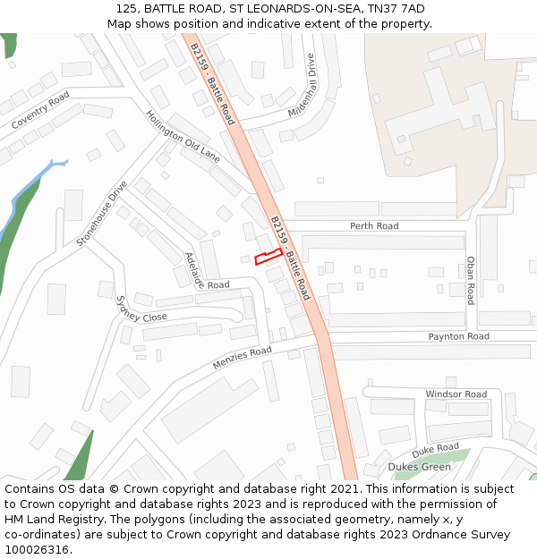125, BATTLE ROAD, ST LEONARDS-ON-SEA, TN37 7AD: Location map and indicative extent of plot