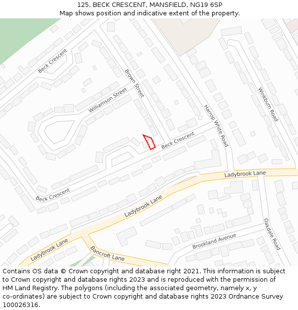 125, BECK CRESCENT, MANSFIELD, NG19 6SP: Location map and indicative extent of plot