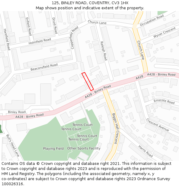 125, BINLEY ROAD, COVENTRY, CV3 1HX: Location map and indicative extent of plot