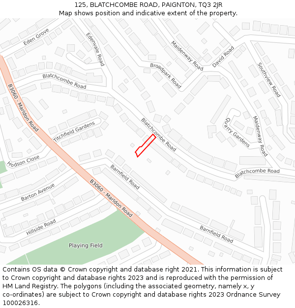 125, BLATCHCOMBE ROAD, PAIGNTON, TQ3 2JR: Location map and indicative extent of plot
