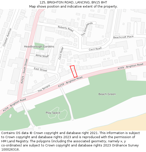 125, BRIGHTON ROAD, LANCING, BN15 8HT: Location map and indicative extent of plot