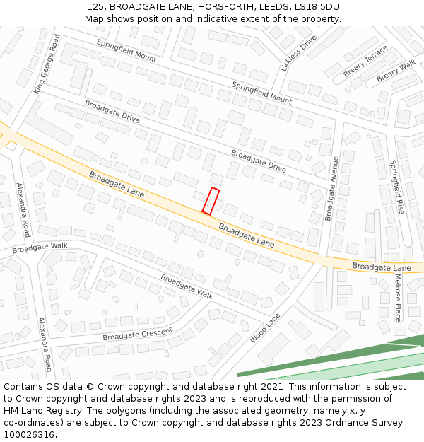 125, BROADGATE LANE, HORSFORTH, LEEDS, LS18 5DU: Location map and indicative extent of plot