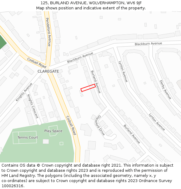 125, BURLAND AVENUE, WOLVERHAMPTON, WV6 9JF: Location map and indicative extent of plot