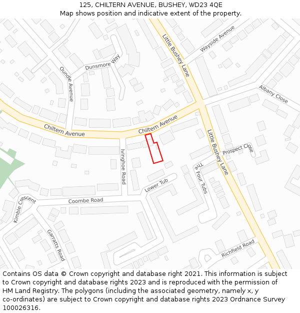 125, CHILTERN AVENUE, BUSHEY, WD23 4QE: Location map and indicative extent of plot