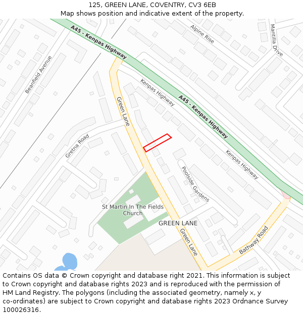 125, GREEN LANE, COVENTRY, CV3 6EB: Location map and indicative extent of plot