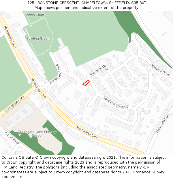 125, IRONSTONE CRESCENT, CHAPELTOWN, SHEFFIELD, S35 3XT: Location map and indicative extent of plot
