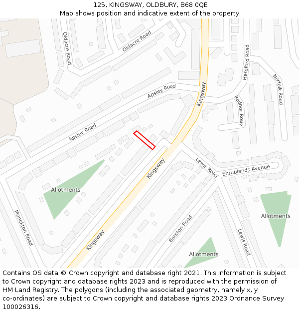 125, KINGSWAY, OLDBURY, B68 0QE: Location map and indicative extent of plot