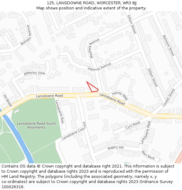 125, LANSDOWNE ROAD, WORCESTER, WR3 8JJ: Location map and indicative extent of plot