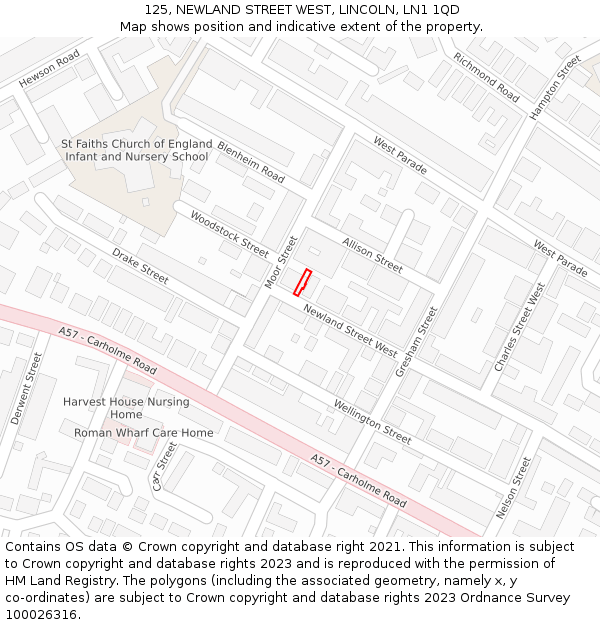 125, NEWLAND STREET WEST, LINCOLN, LN1 1QD: Location map and indicative extent of plot
