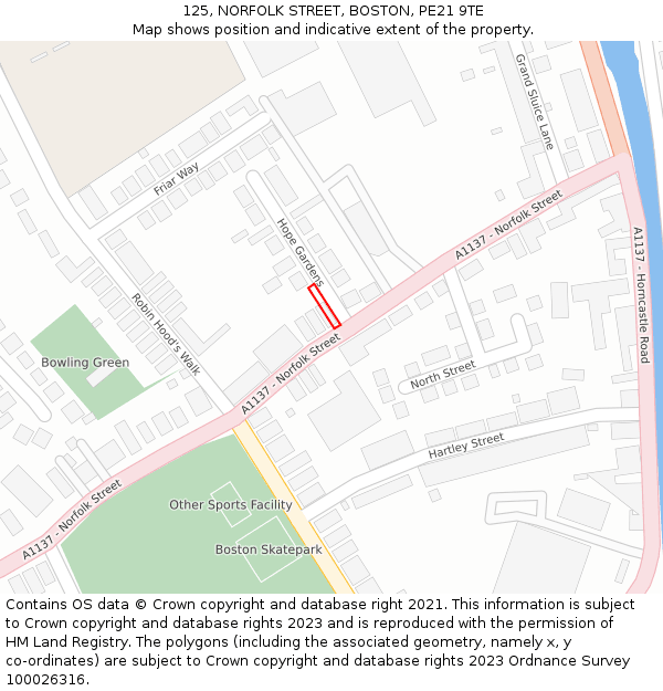 125, NORFOLK STREET, BOSTON, PE21 9TE: Location map and indicative extent of plot