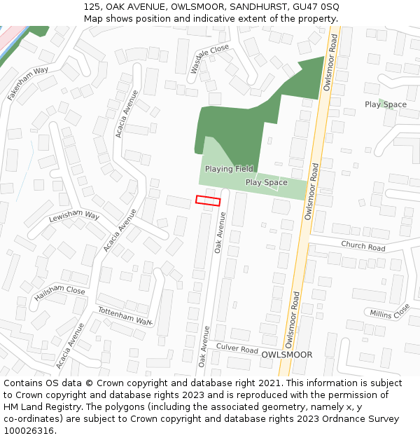 125, OAK AVENUE, OWLSMOOR, SANDHURST, GU47 0SQ: Location map and indicative extent of plot