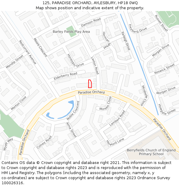 125, PARADISE ORCHARD, AYLESBURY, HP18 0WQ: Location map and indicative extent of plot