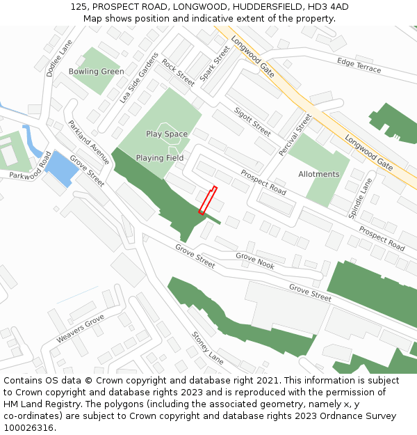 125, PROSPECT ROAD, LONGWOOD, HUDDERSFIELD, HD3 4AD: Location map and indicative extent of plot