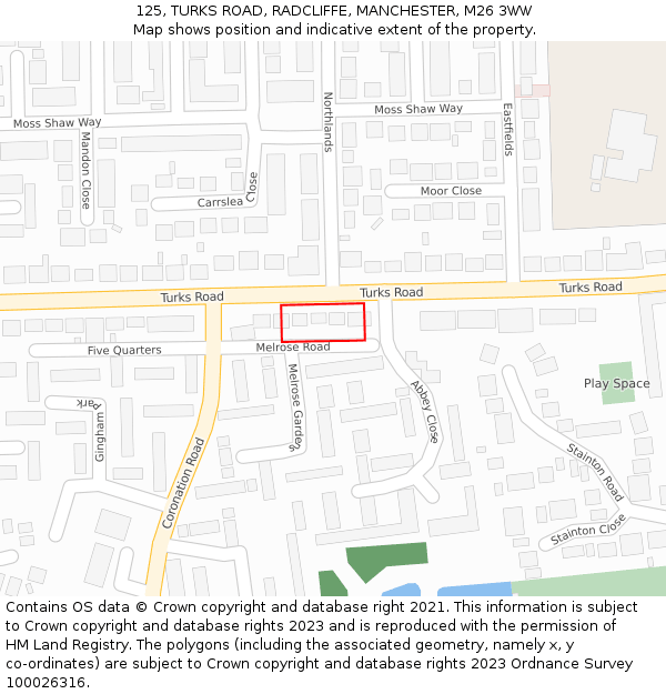 125, TURKS ROAD, RADCLIFFE, MANCHESTER, M26 3WW: Location map and indicative extent of plot
