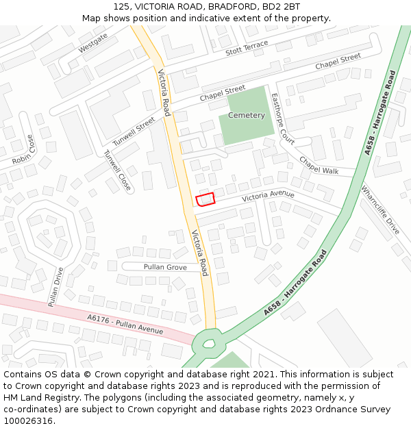 125, VICTORIA ROAD, BRADFORD, BD2 2BT: Location map and indicative extent of plot