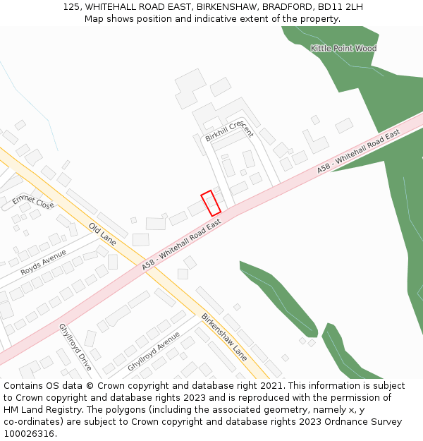 125, WHITEHALL ROAD EAST, BIRKENSHAW, BRADFORD, BD11 2LH: Location map and indicative extent of plot