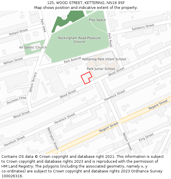 125, WOOD STREET, KETTERING, NN16 9SF: Location map and indicative extent of plot