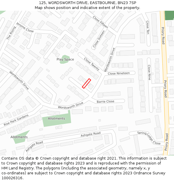 125, WORDSWORTH DRIVE, EASTBOURNE, BN23 7SP: Location map and indicative extent of plot