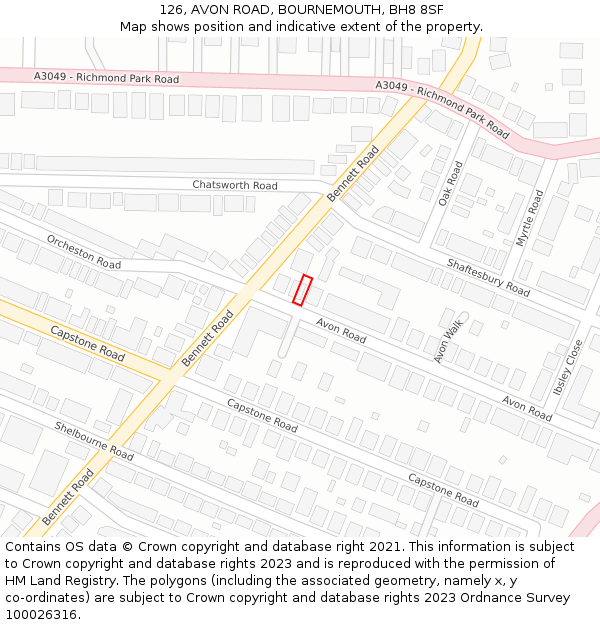 126, AVON ROAD, BOURNEMOUTH, BH8 8SF: Location map and indicative extent of plot