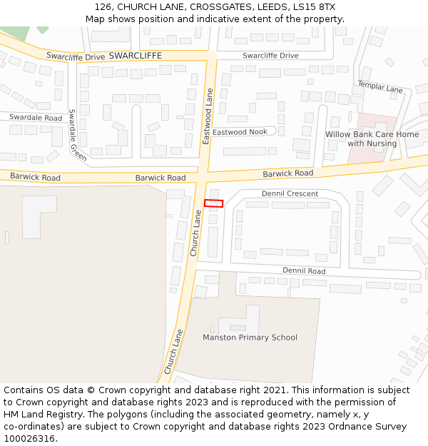 126, CHURCH LANE, CROSSGATES, LEEDS, LS15 8TX: Location map and indicative extent of plot