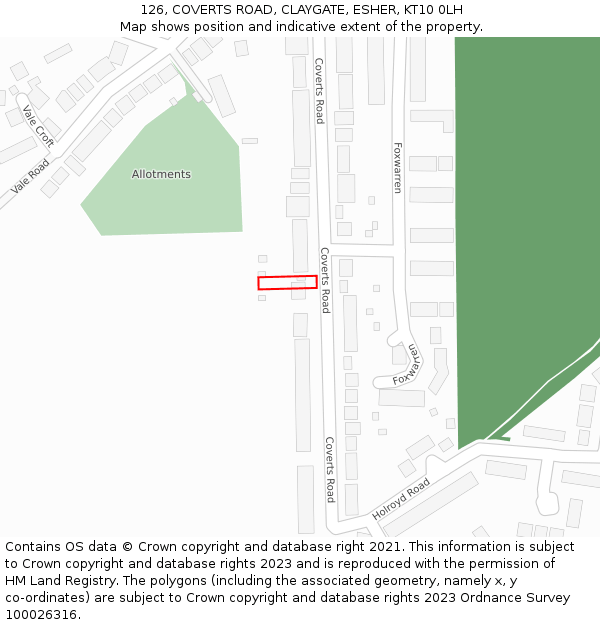 126, COVERTS ROAD, CLAYGATE, ESHER, KT10 0LH: Location map and indicative extent of plot