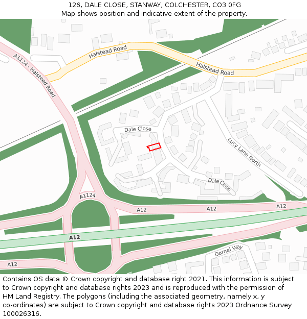 126, DALE CLOSE, STANWAY, COLCHESTER, CO3 0FG: Location map and indicative extent of plot