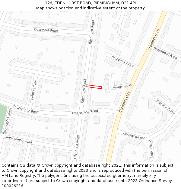 126, EDENHURST ROAD, BIRMINGHAM, B31 4PL: Location map and indicative extent of plot
