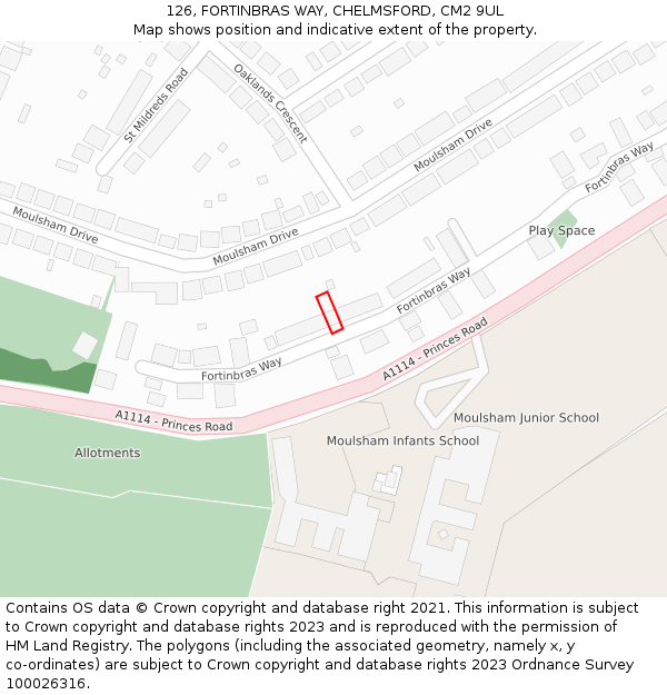 126, FORTINBRAS WAY, CHELMSFORD, CM2 9UL: Location map and indicative extent of plot