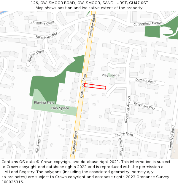126, OWLSMOOR ROAD, OWLSMOOR, SANDHURST, GU47 0ST: Location map and indicative extent of plot