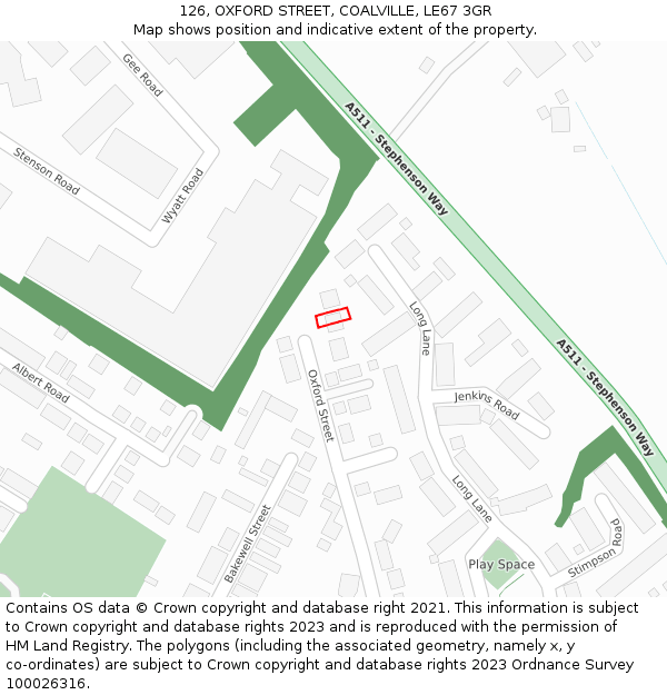 126, OXFORD STREET, COALVILLE, LE67 3GR: Location map and indicative extent of plot