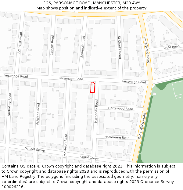 126, PARSONAGE ROAD, MANCHESTER, M20 4WY: Location map and indicative extent of plot