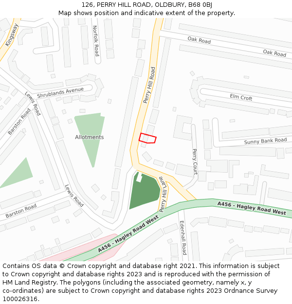 126, PERRY HILL ROAD, OLDBURY, B68 0BJ: Location map and indicative extent of plot
