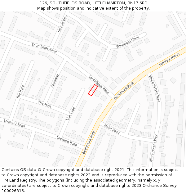 126, SOUTHFIELDS ROAD, LITTLEHAMPTON, BN17 6PD: Location map and indicative extent of plot