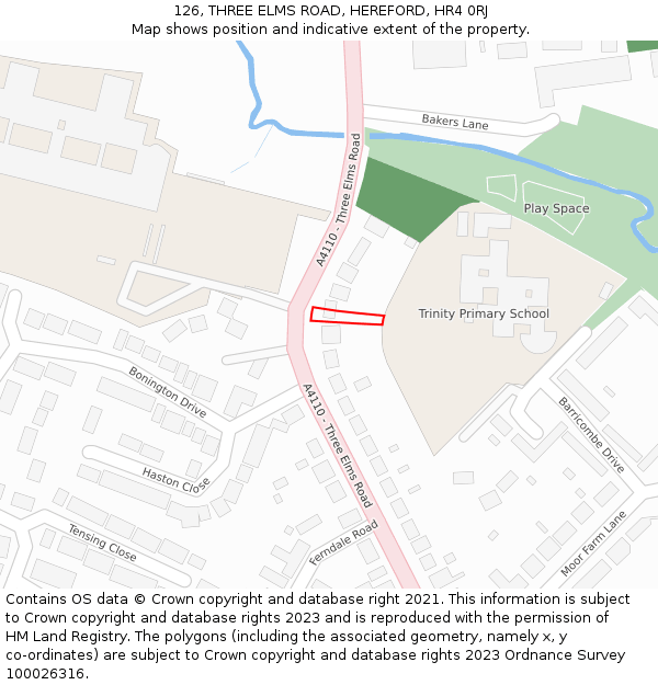 126, THREE ELMS ROAD, HEREFORD, HR4 0RJ: Location map and indicative extent of plot