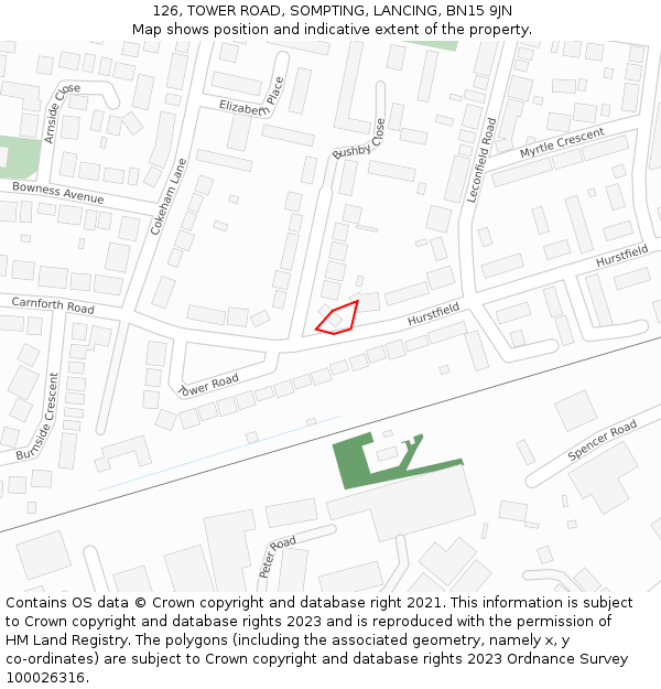 126, TOWER ROAD, SOMPTING, LANCING, BN15 9JN: Location map and indicative extent of plot