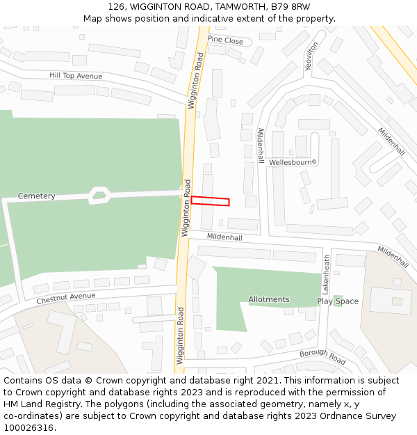 126, WIGGINTON ROAD, TAMWORTH, B79 8RW: Location map and indicative extent of plot
