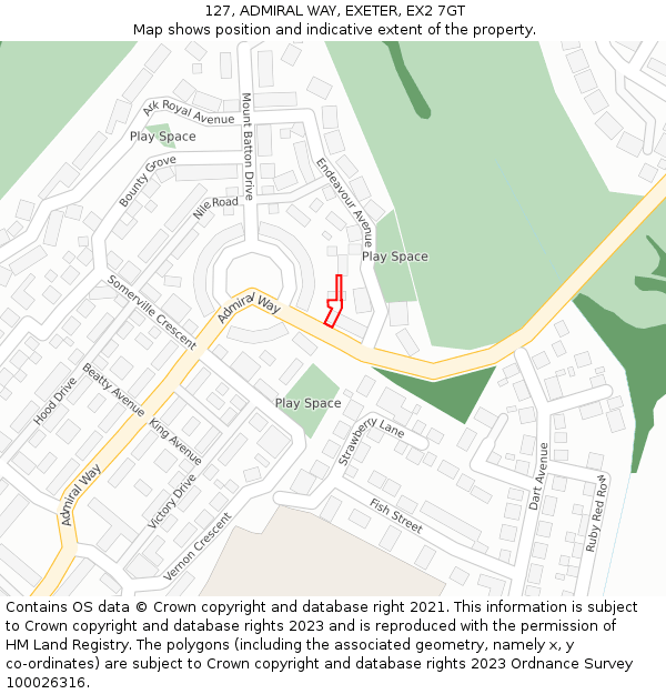 127, ADMIRAL WAY, EXETER, EX2 7GT: Location map and indicative extent of plot