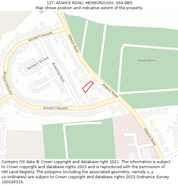 127, ADWICK ROAD, MEXBOROUGH, S64 0BG: Location map and indicative extent of plot