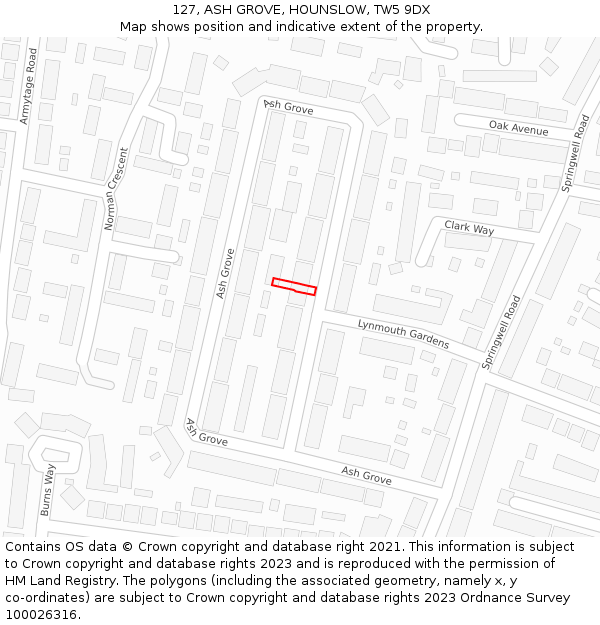 127, ASH GROVE, HOUNSLOW, TW5 9DX: Location map and indicative extent of plot