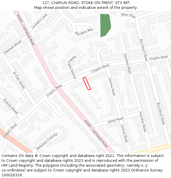127, CHAPLIN ROAD, STOKE-ON-TRENT, ST3 4RT: Location map and indicative extent of plot