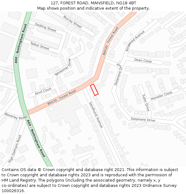 127, FOREST ROAD, MANSFIELD, NG18 4BT: Location map and indicative extent of plot